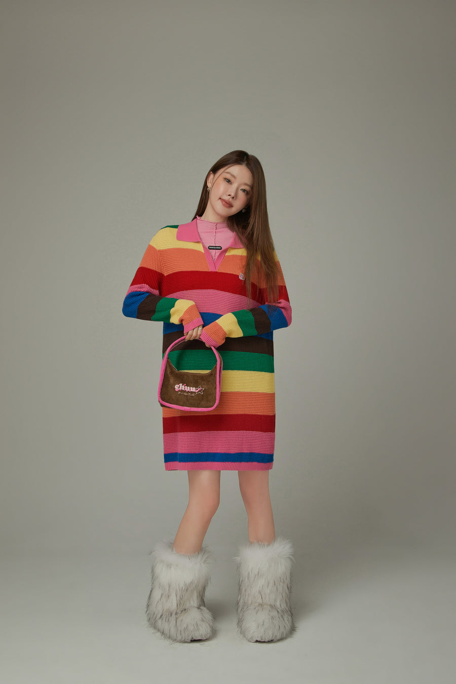 CHUU Open Collar Rainbow Knit Dress