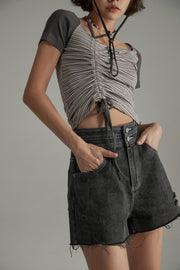 Asymmetrical Halter Neck String Striped Shirring T-Shirt