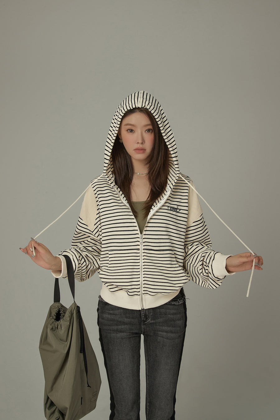 CHUU Stripe Hooded Drawstring Loosefit Zip-Up