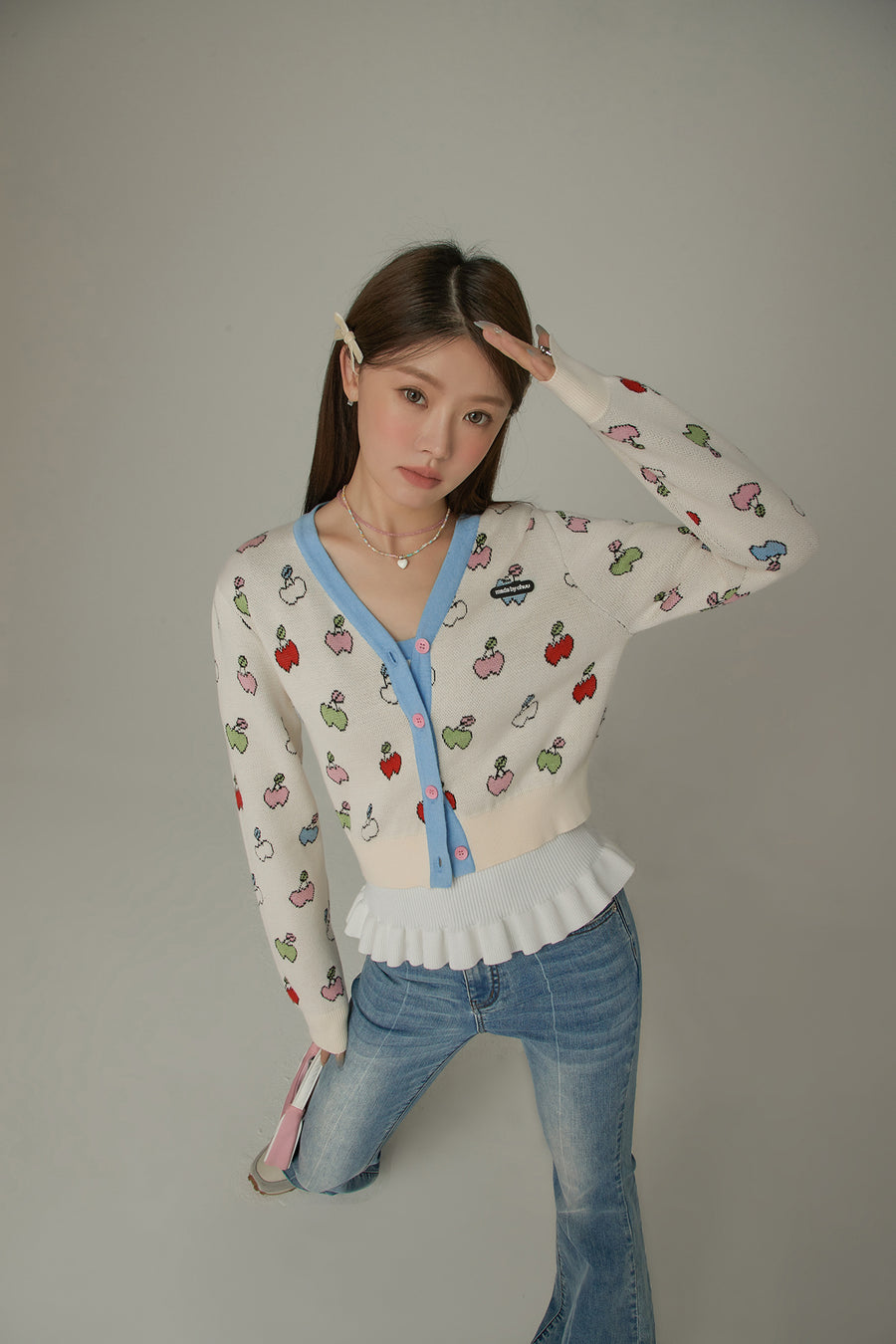 CHUU Cherry Hearts Knit Button Cardigan