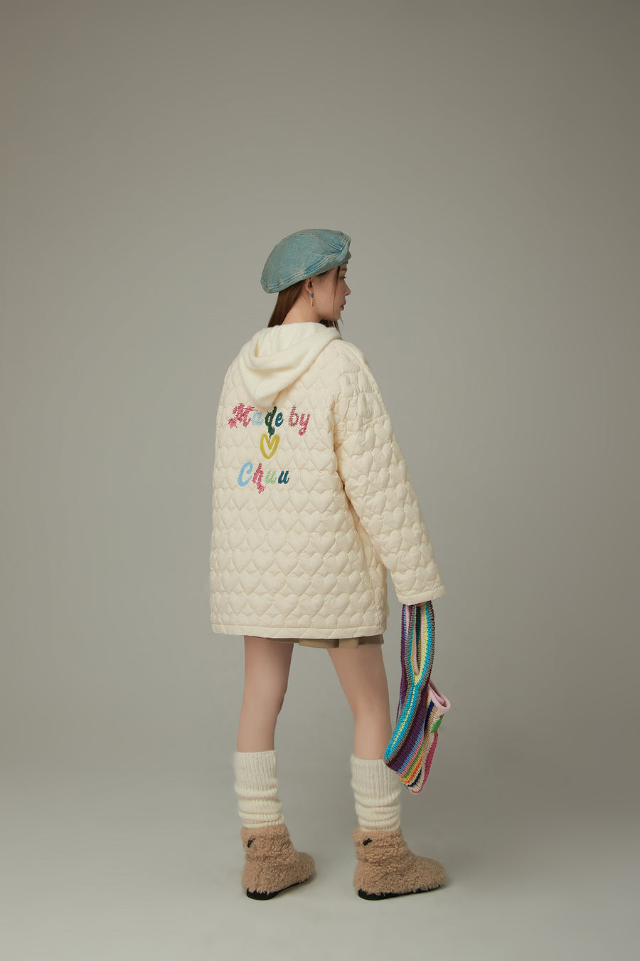 CHUU Rainbow Button Heart Quilting Padded Jacket