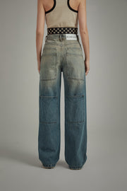 Stitched Ripped Washed Wide Denim Jeans