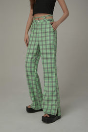 Color Checked Tie Waist Bootcut Pants