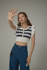 Ruffled Lace Striped Crop Knit Top