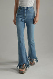 Fringe-Cut Hem Slim Denim Jeans