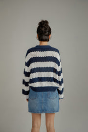 Color Combination Stripe Open Collar Knit Sweater