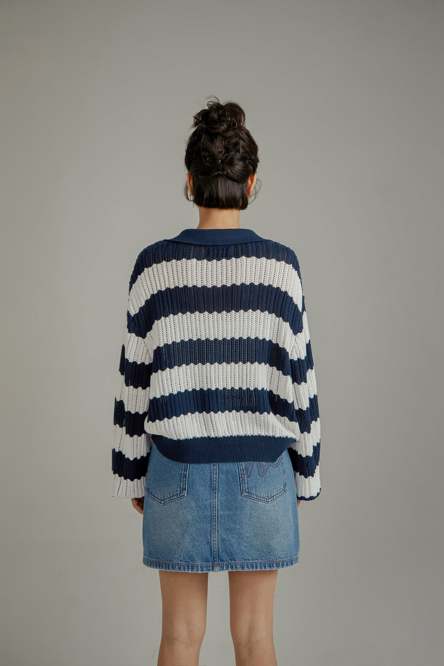 CHUU Color Combination Stripe Open Collar Knit Sweater