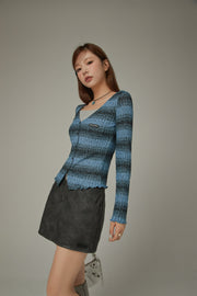 Color Matching Stripe V-Neck Slim Top