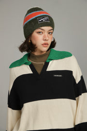 Open Collar Color Scheme Knit Sweater