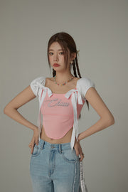 Unbalanced Chuu Lettering Ribbon Short Sleeve Top