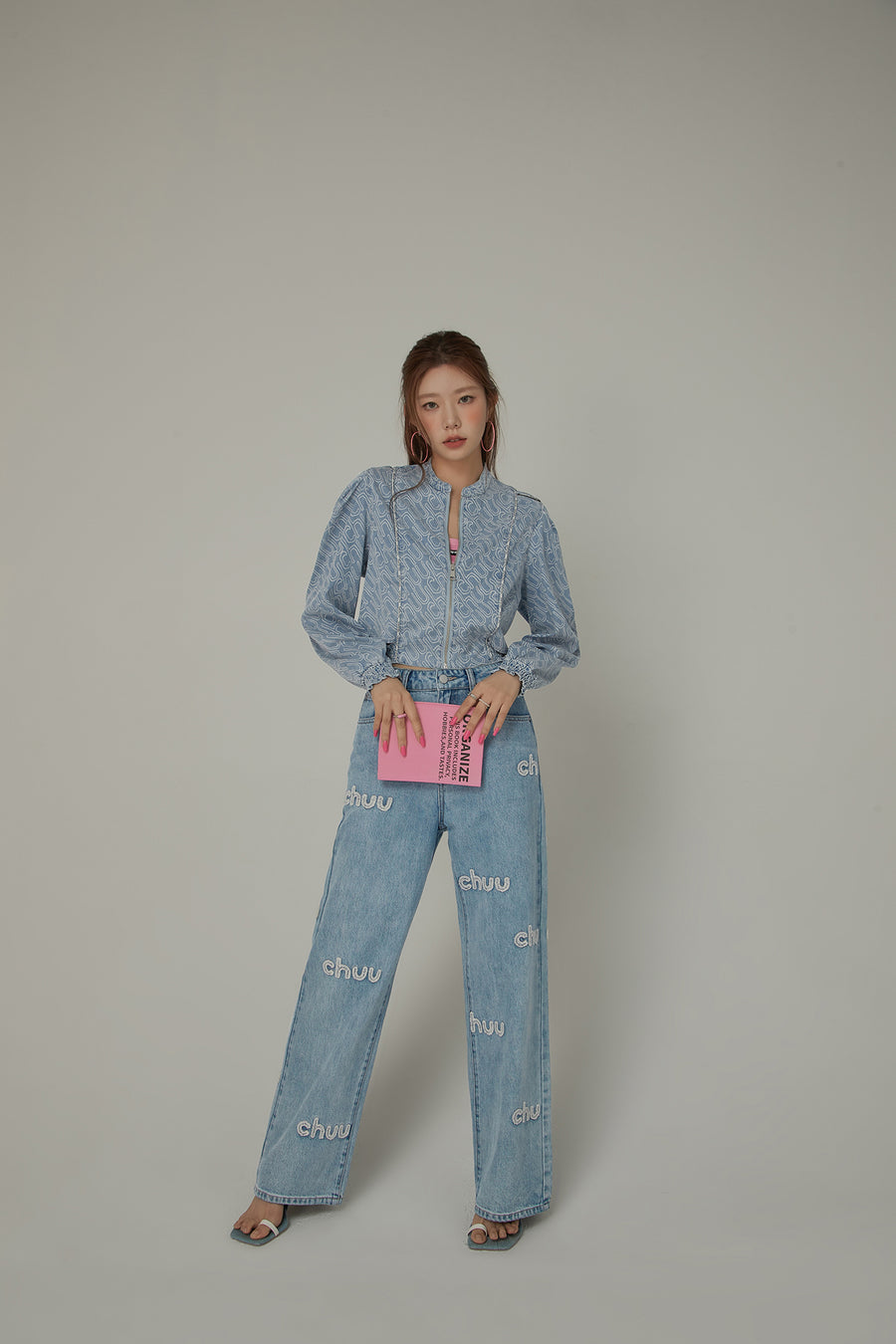 CHUU Logo Lettering Denim Zip Up Jacket