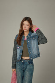 Tweed Sleeves Pocket Denim Jacket