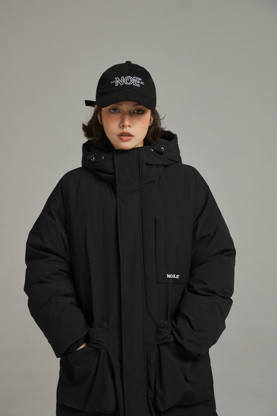 CHUU Hooded Logo Pocket Long Padded Coat