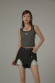 Exposed Logo Pocket Liner Distressed Denim Shorts