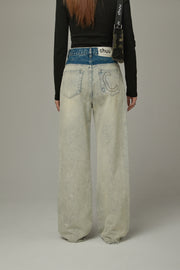 Folded Waist Color Combination Wide Denim Jeans