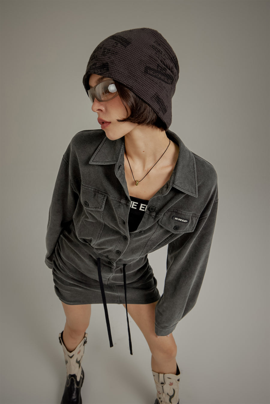 CHUU String Shirring Shirt Mini Dress