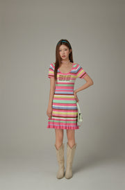 Rainbow Stripe Lettering Ruffle Hem Knit Dress