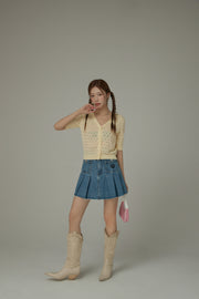 Heart Eyelet Short Sleeves Knit Cardigan