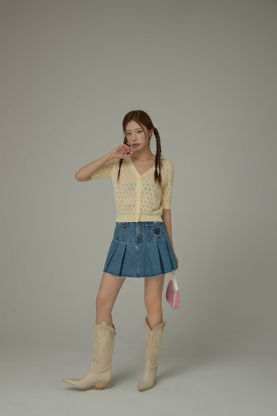 CHUU Heart Eyelet Short Sleeves Knit Cardigan