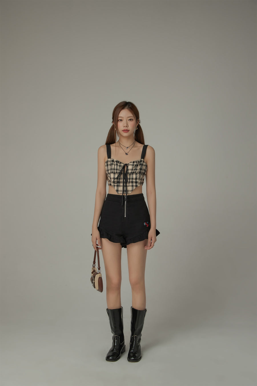 CHUU Check Ribbon Sleeveless Bustier Top