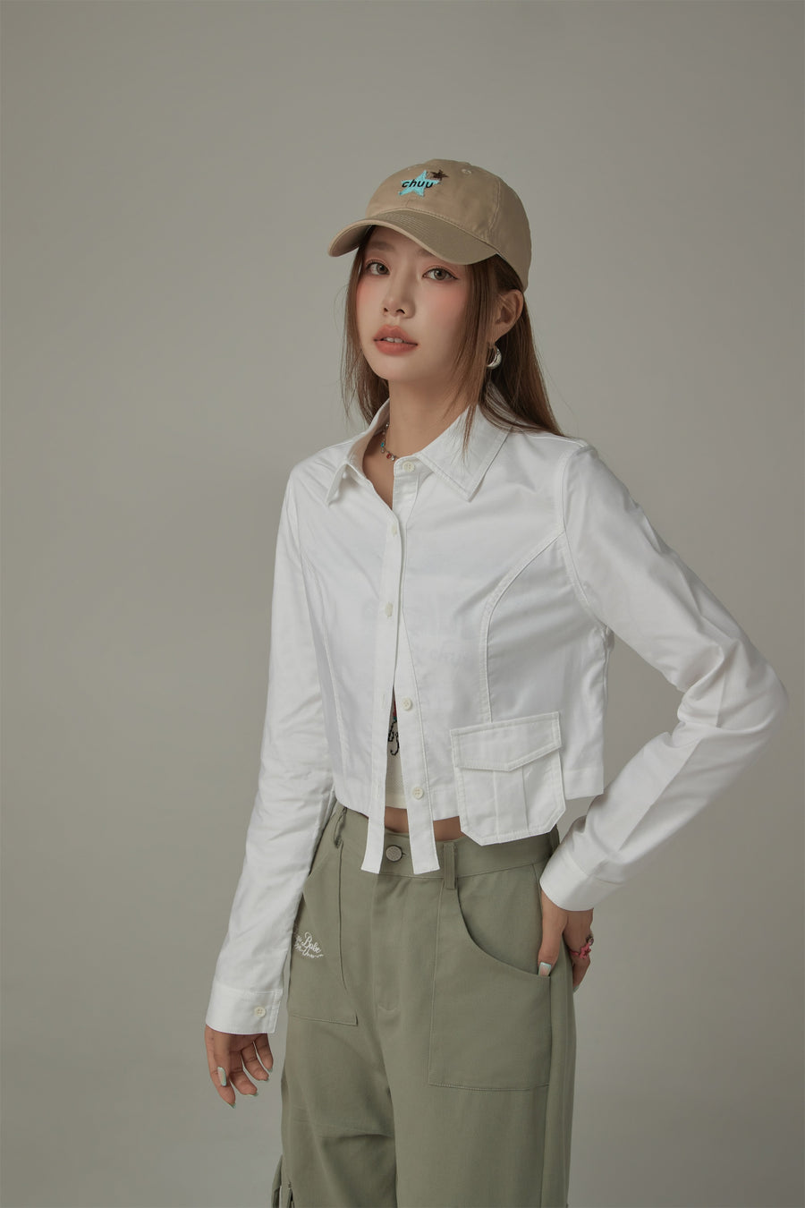 CHUU Point Pocket Semi Cropt Shirt