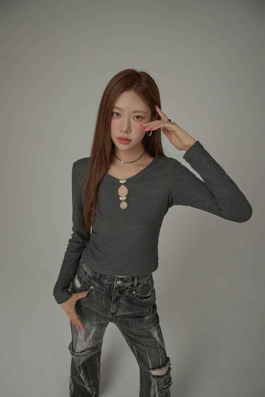 CHUU Metal Hearts Cutout Long Sleeves Top