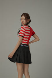 Chuu Lettering Half Striped Colorblocked Knit Crop Top