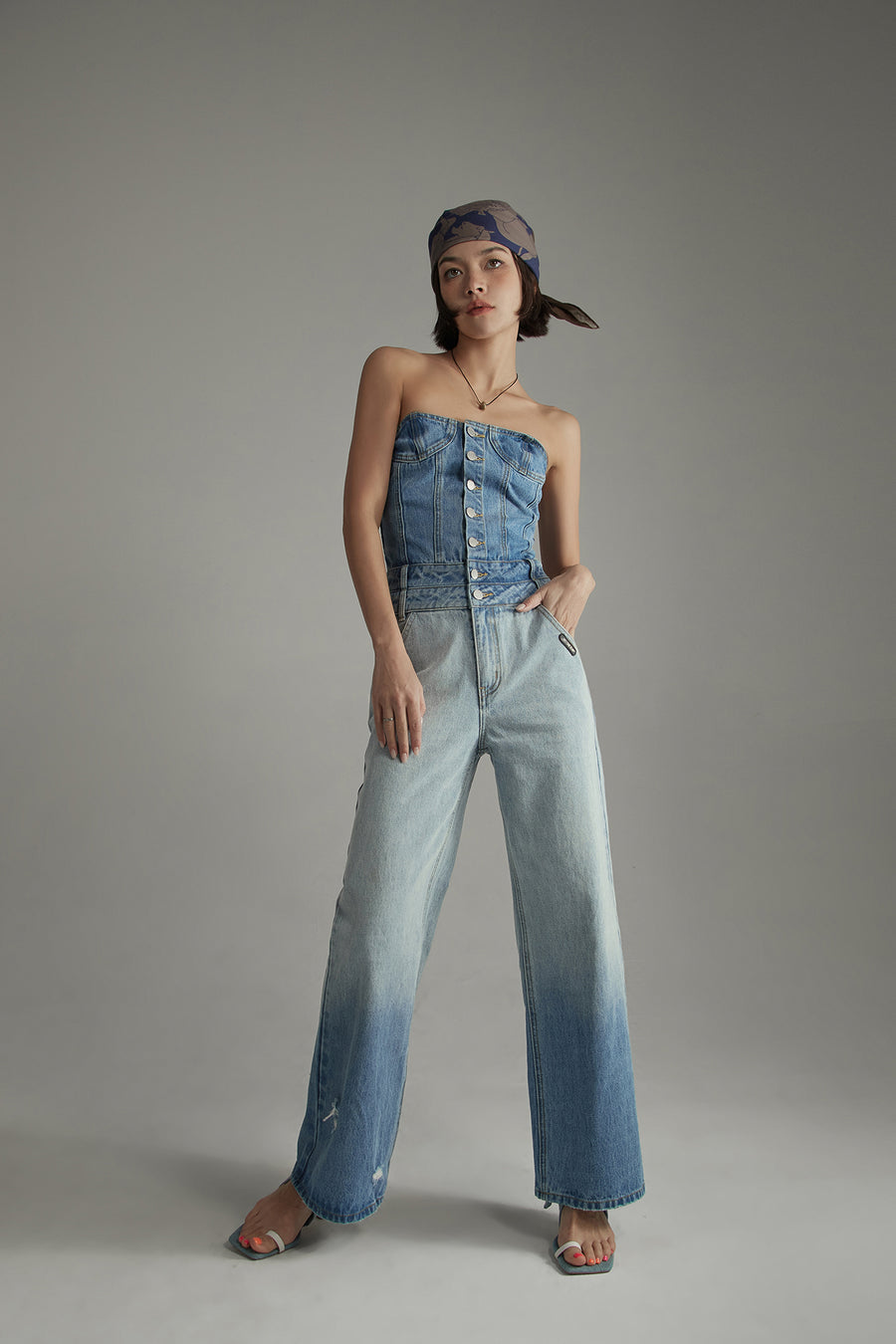 CHUU Tube Top Multi Buttons Denim Jumpsuit