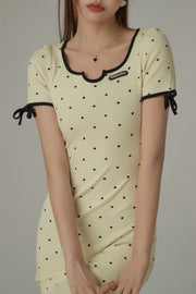 Heart Dot Patten Ribbon Sleeves Mini Dress