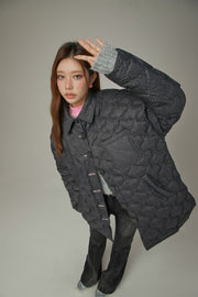 Lettering Quilted Padded Button Jacket