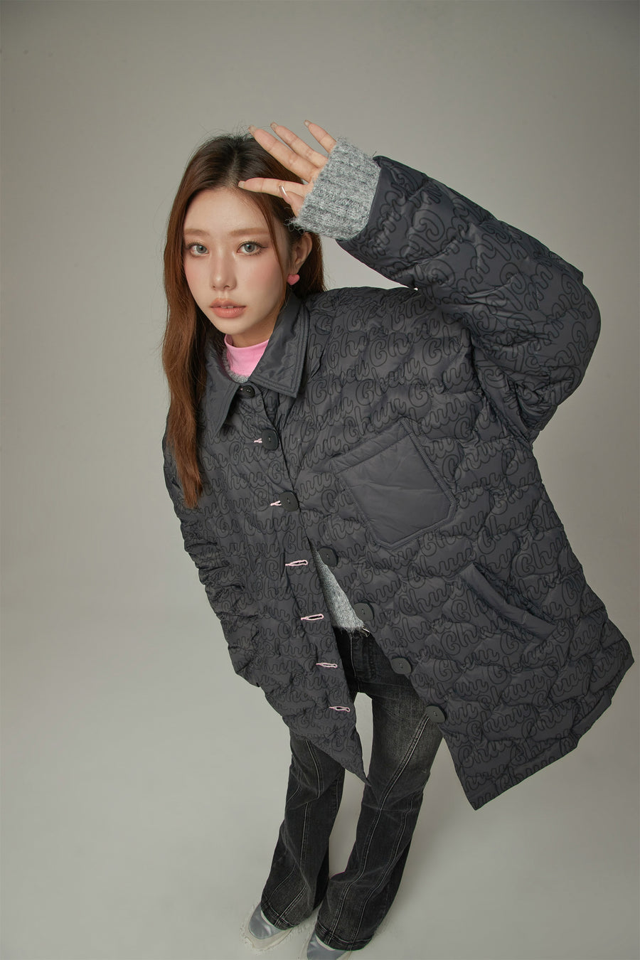 CHUU Lettering Quilted Padded Button Jacket