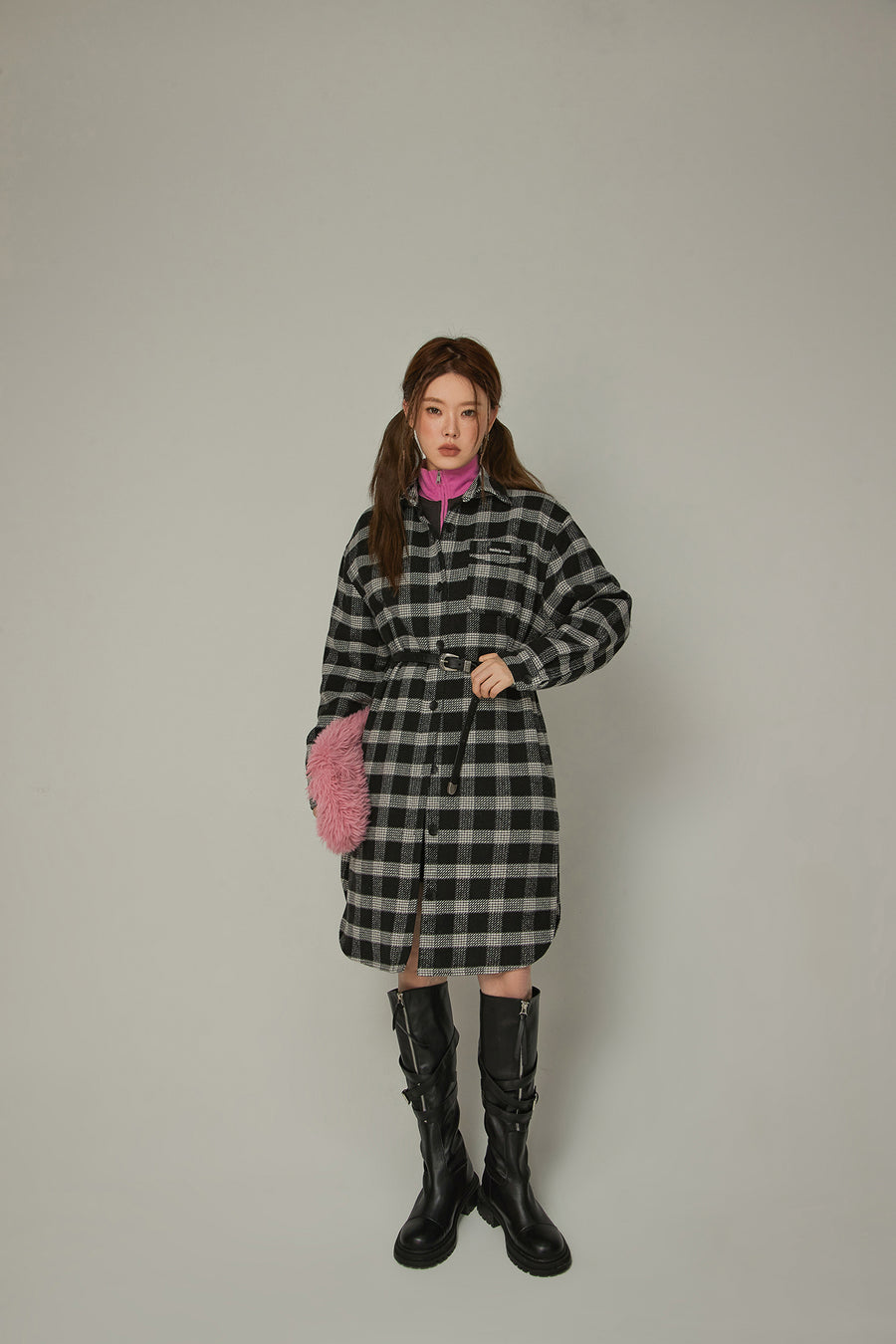 CHUU Check Long Button Coat