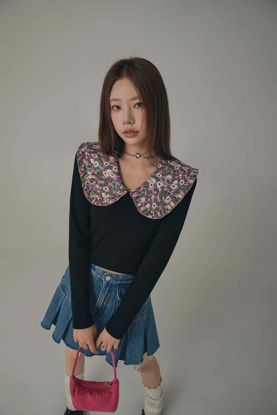 CHUU Flower Floral Collar Long Sleeved T-Shirt