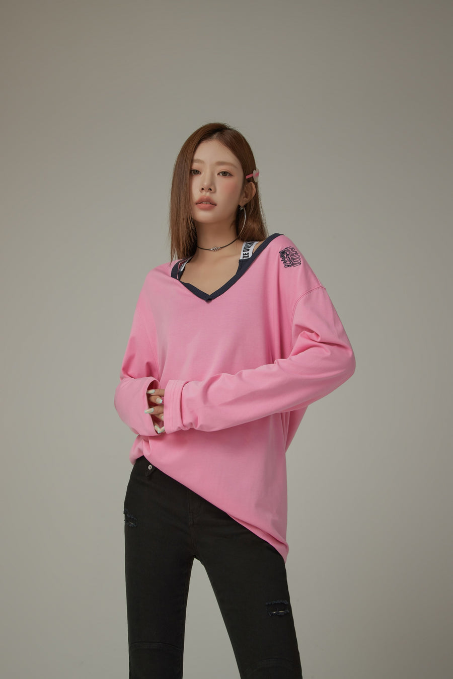 CHUU Color V Neck Loose Fit Long Sleeve Basic T-Shirt