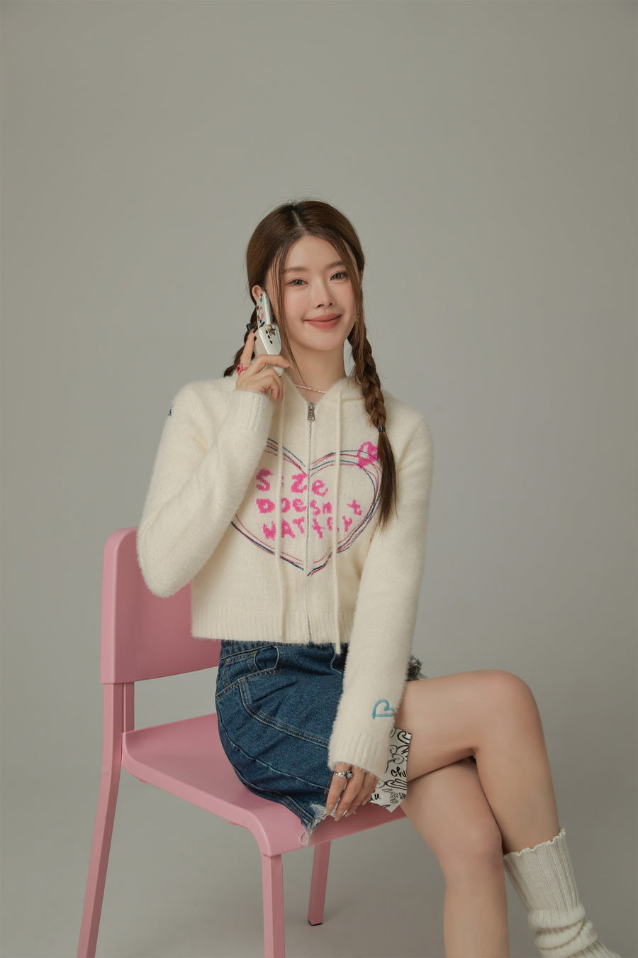 CHUU Heart Hooded Zip-Up Cardigan