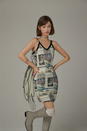 Logo Newspaper V-Neck Strap Mini Dress