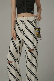 Diagonal Striped Leg Slits Training Wide Pants