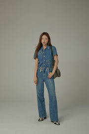 String Embroidered Denim Jumpsuit