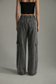 Elastic Waist Casual Diagonal Pocket Wide Leg Pants