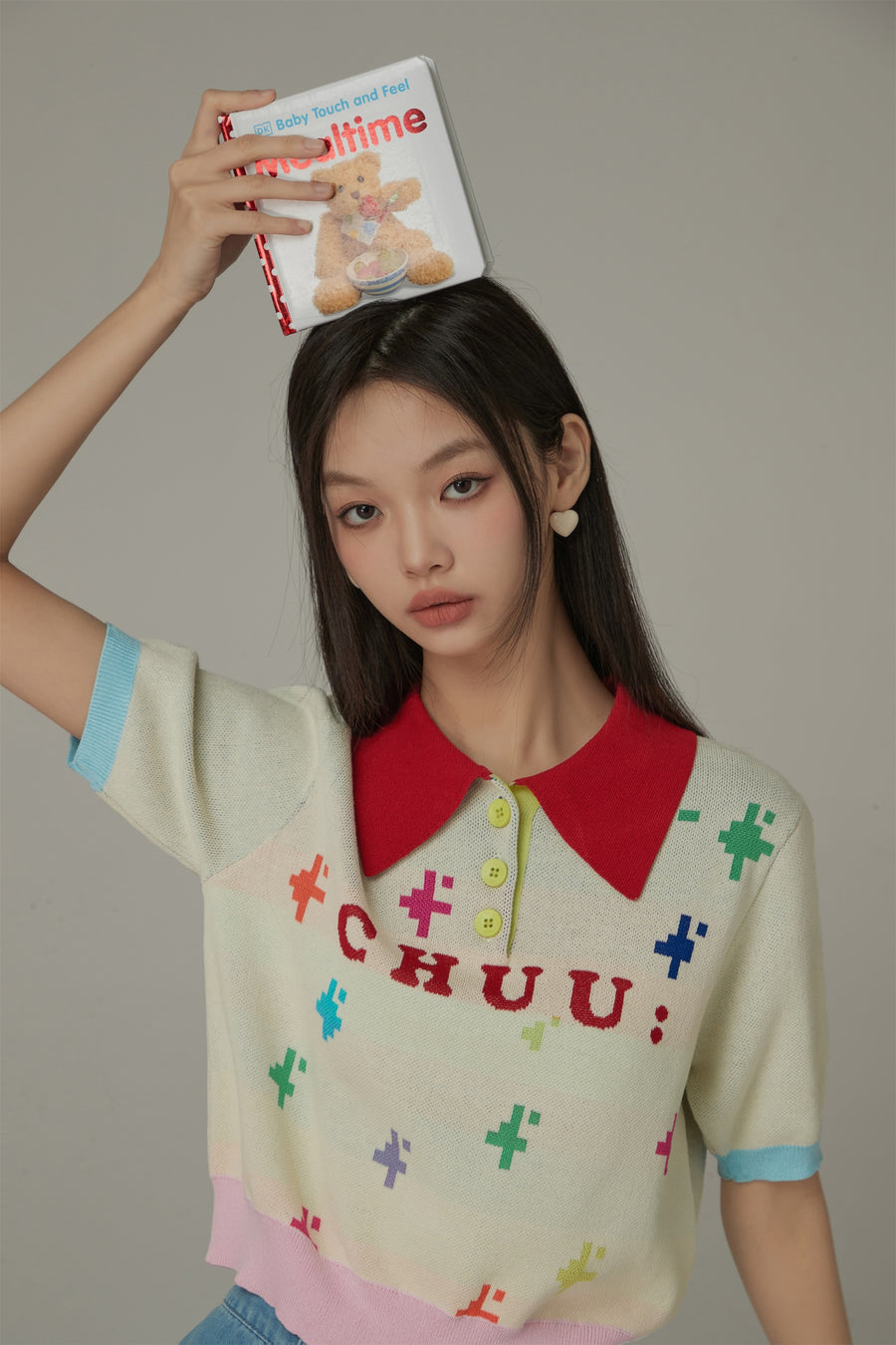 CHUU Polo Neck Color Blocked Multi-Color Pixel Block Pattern Knit Top