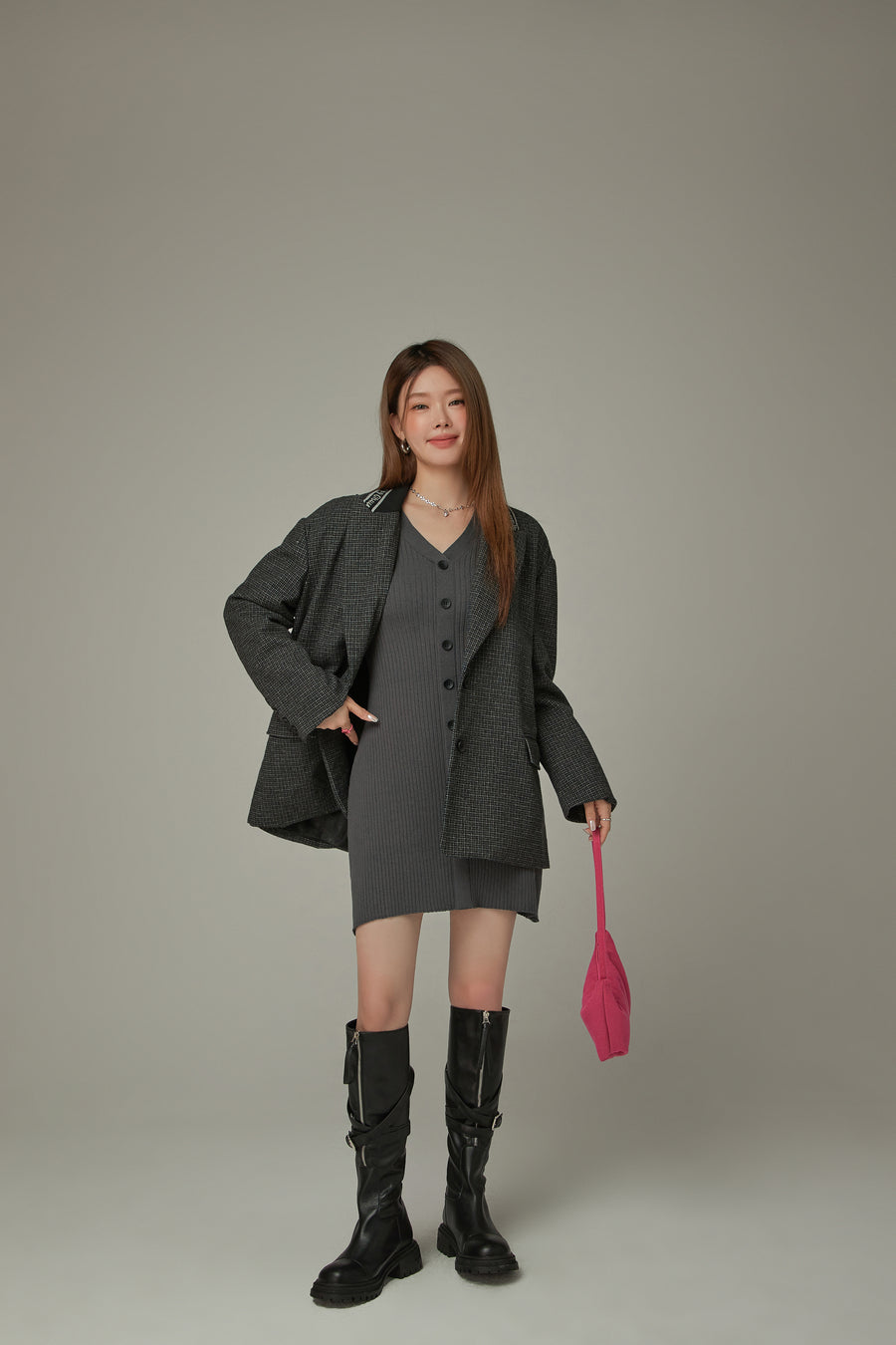 CHUU Ribbed Knit Button Dress
