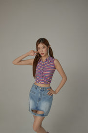 Rainbow Polo Neck Slim Crop Sleeveless Top