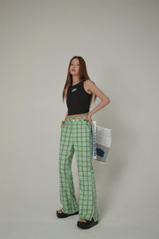 Color Checked Tie Waist Bootcut Pants