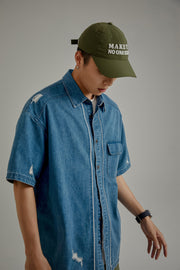 Distressed Embroidered Denim Short Sleeve Shirt