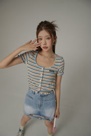 U Neck Ruffle Striped Color Contrast Cardigan Crop Top