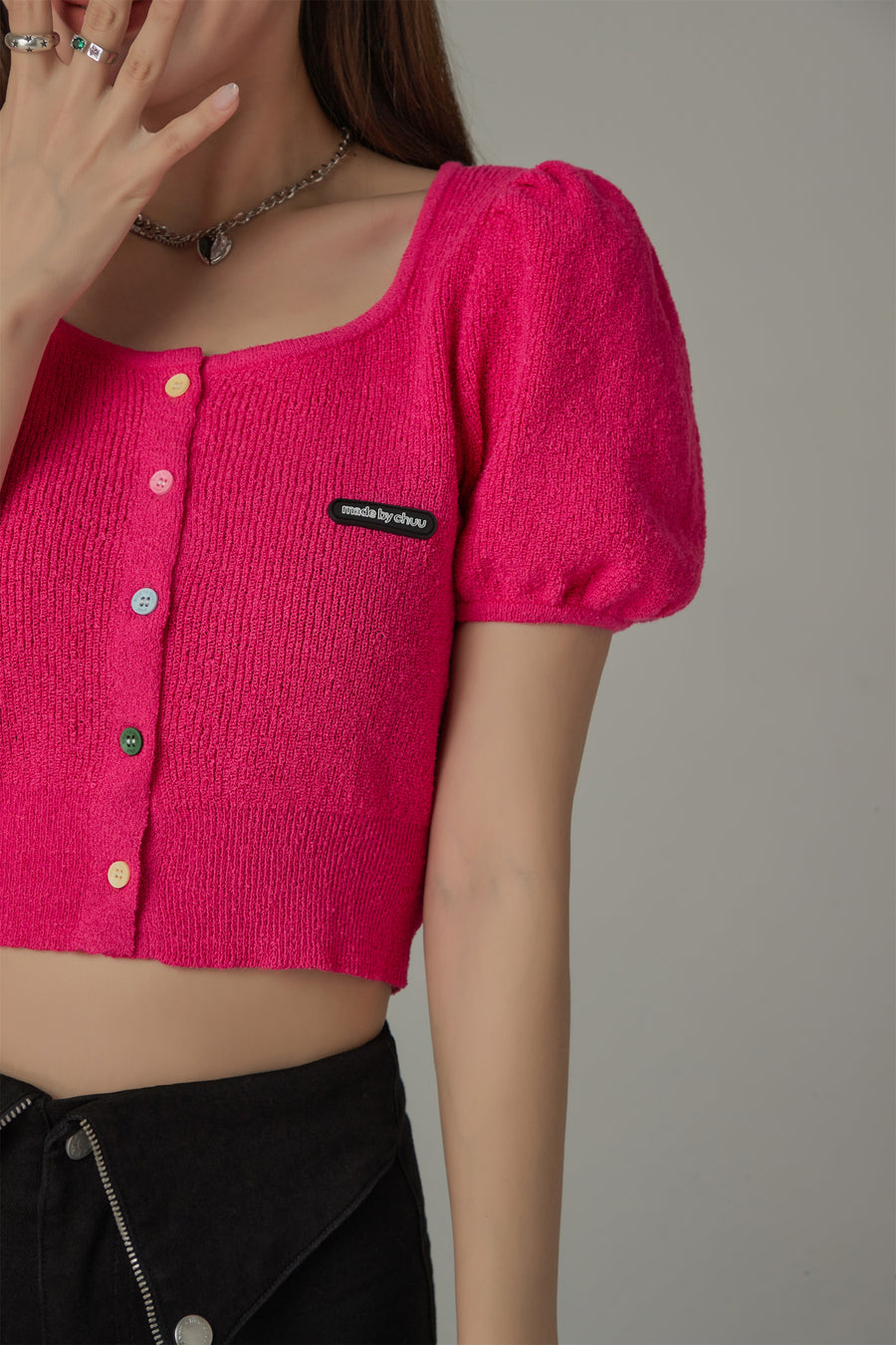 CHUU Puff Sleeve Colorful Buttons Knit Cardigan