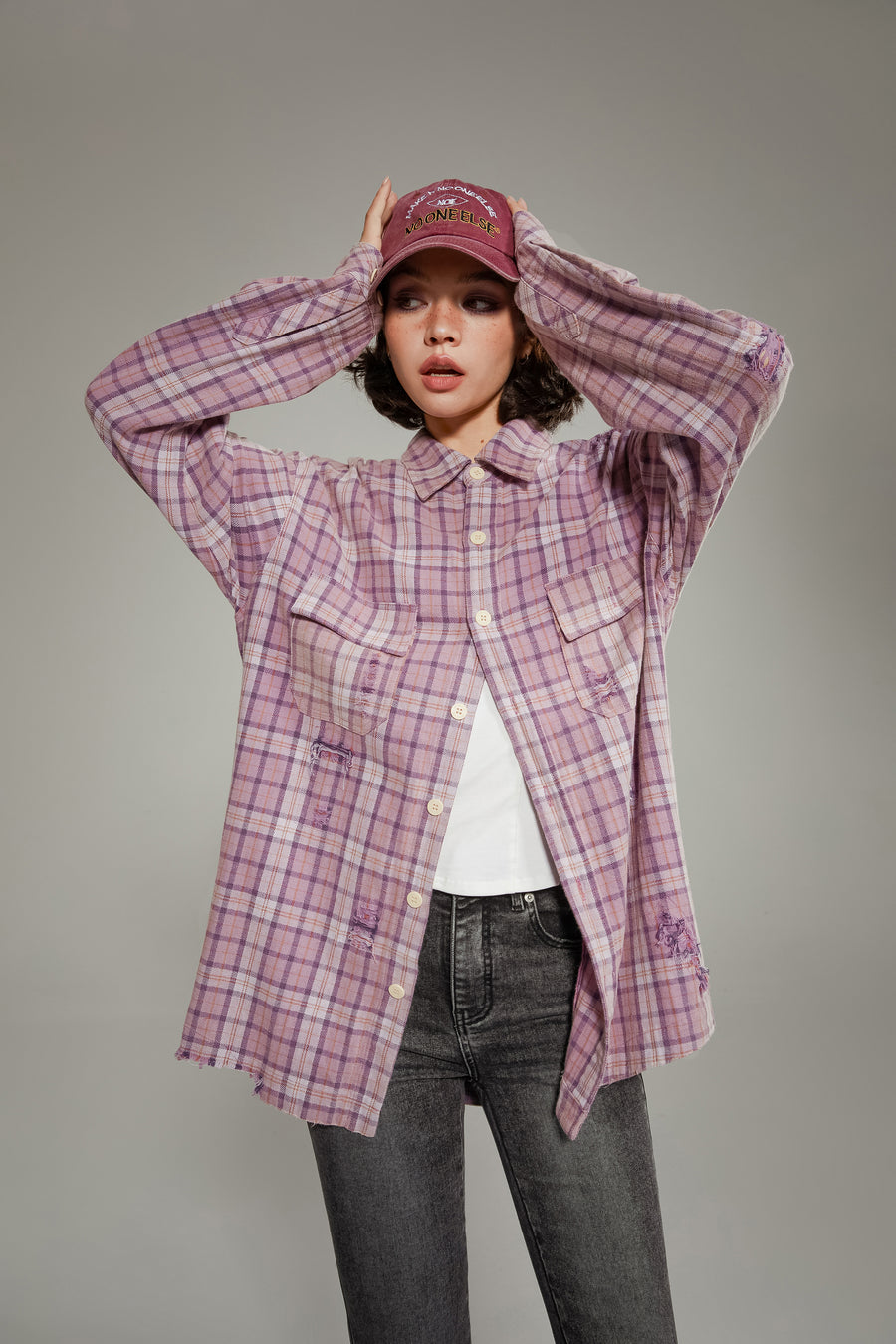 CHUU Checked Long Sleeve Boxy Shirt