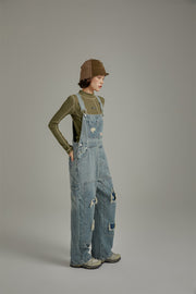 Knee Damaged Denim Overalls