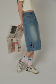 Hollow Star Washed Denim Medium Length Skirt