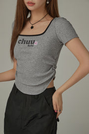 Square Neck Shirring Logo Printed T-Shirt